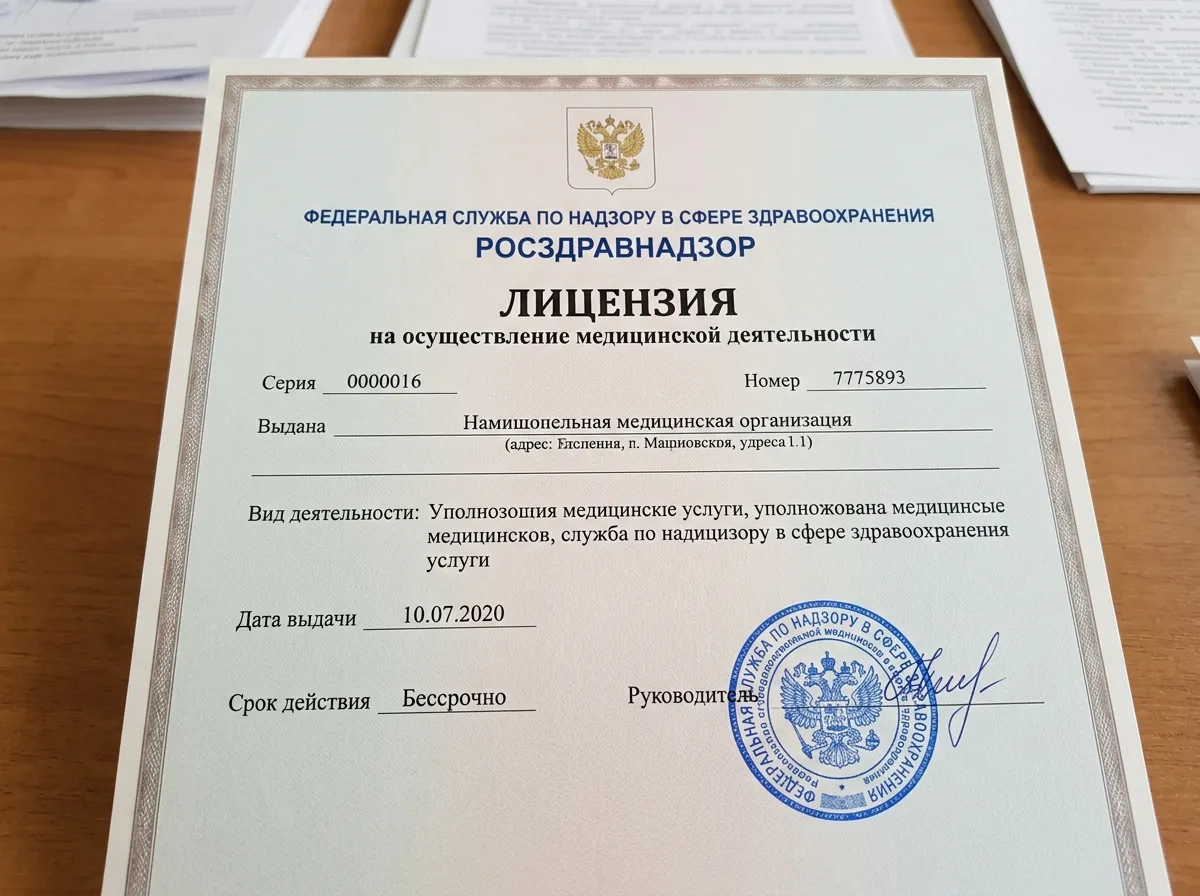 Лицензия Росздравнадзора на осуществление медицинской деятельности — документ с синей печатью на официальном бланке