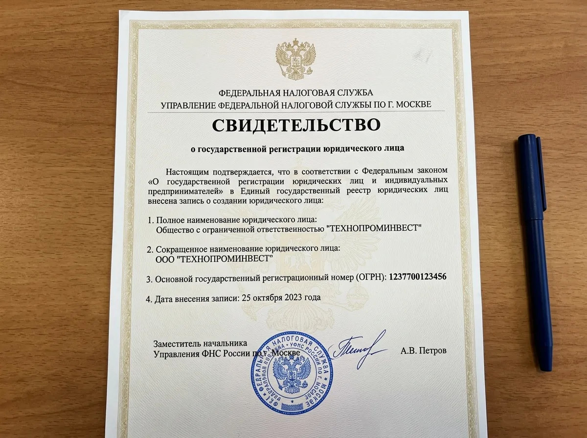 Свидетельство о государственной регистрации юридического лица — ОГРН на официальном бланке ФНС России